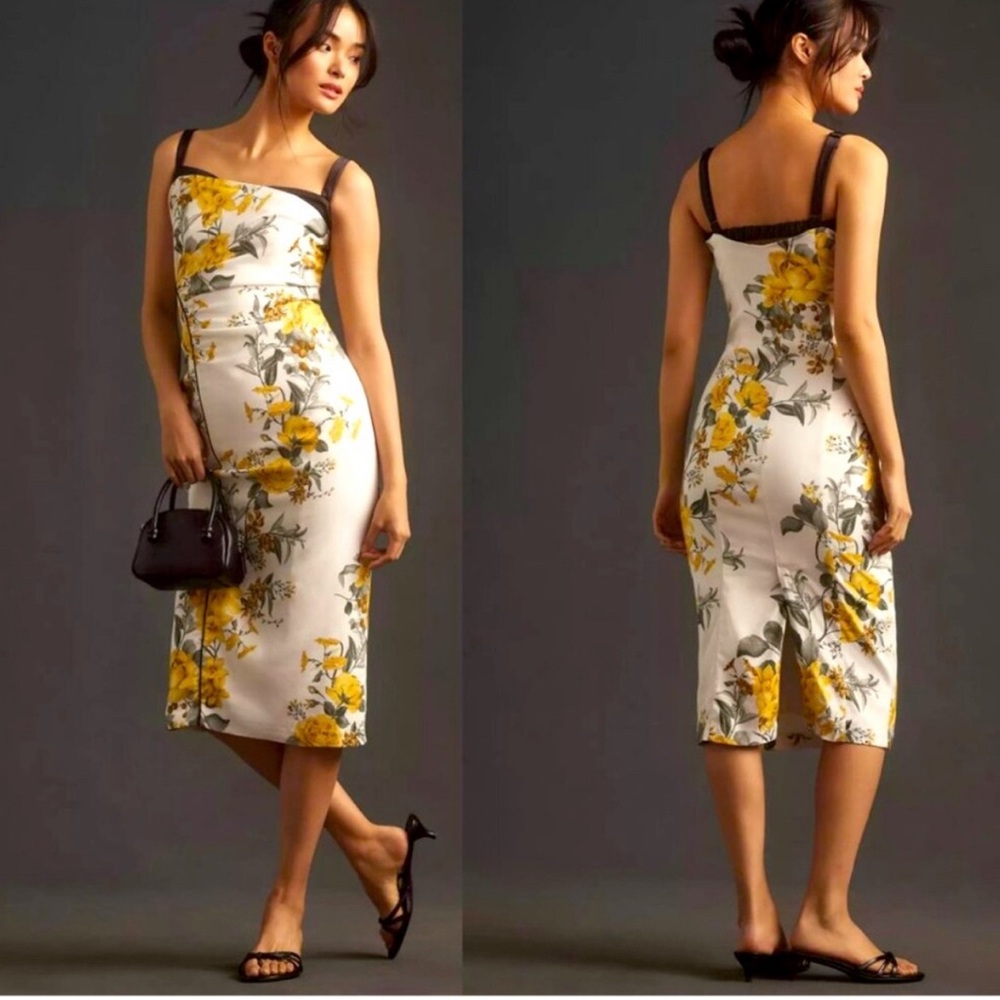 NWT Anthropologie Floral Cream and Yellow Dress with Black Piping